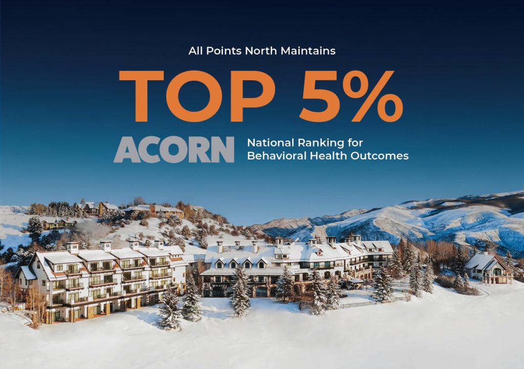All Points North DFW logo with winter landscape, text highlighting "TOP 5% ACORN National Ranking for Behavioral Health Outcomes," emphasizing excellence in addiction treatment and mental health services.